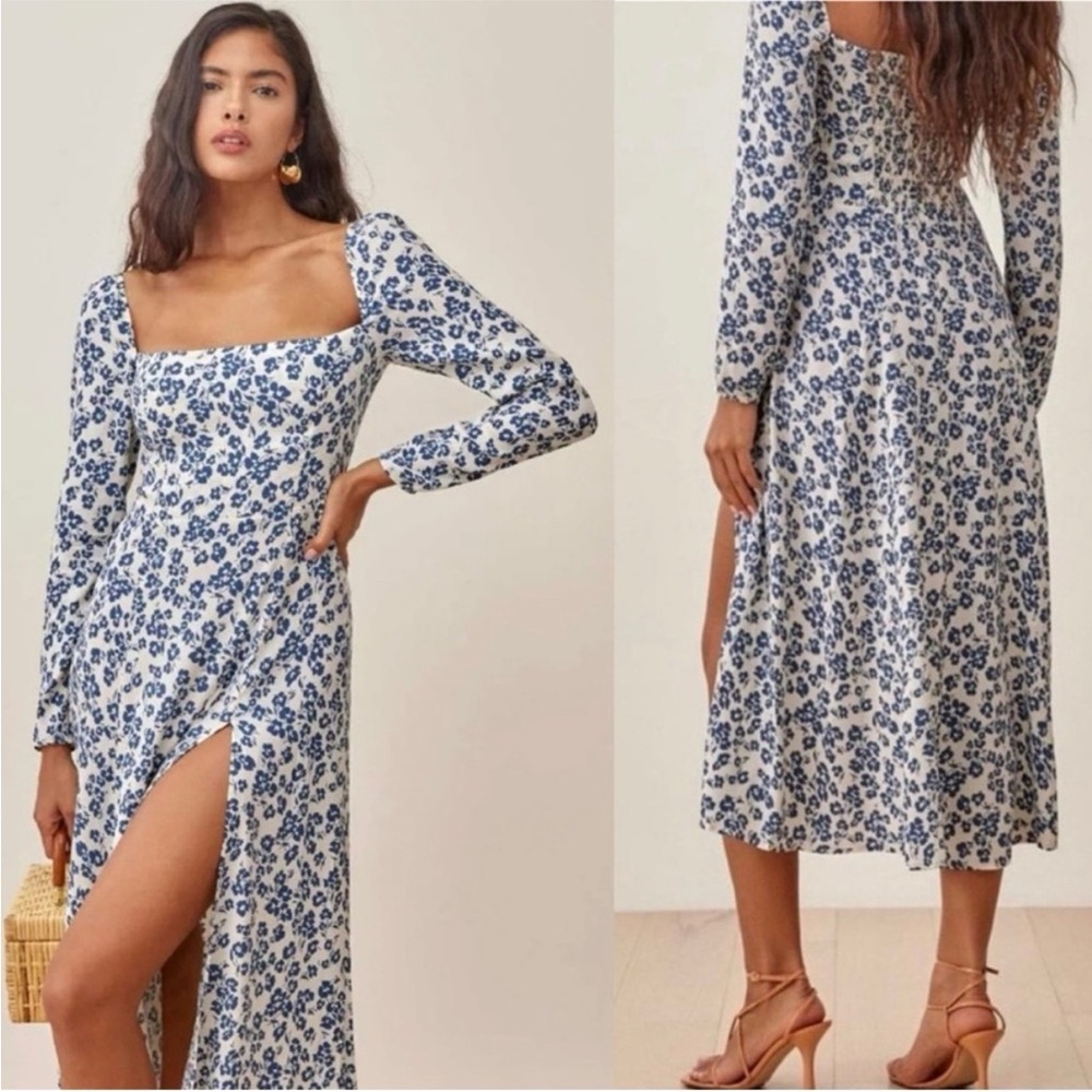 Reformation Sigmund Milanese Blue and White Women's Dress
